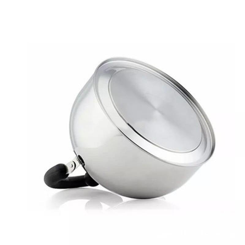 Bottom view of stainless steel 3L whistling kettle showing flat base for stable heating on various stovetops.