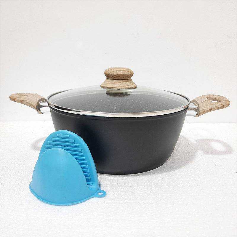 Tri Start Granite Casserole with induction base and glass lid, 18 CM, featuring wooden handles and a blue silicone grip for safe handling.