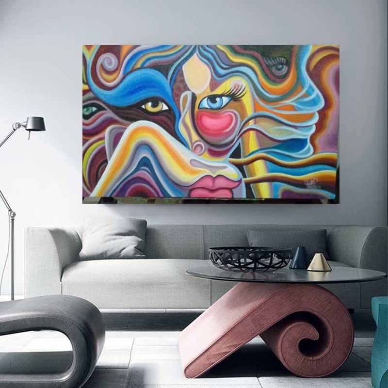 Hand Painted - Abstract Women Face Modern Rolled Canvas Wall Art for Home Decoration - bamagate-com